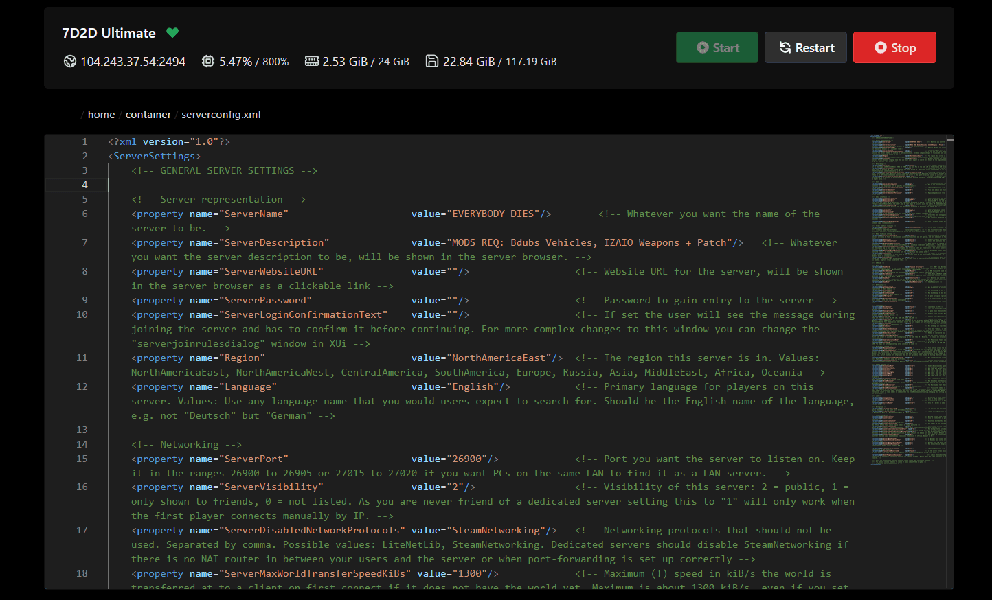 serverconfig.xml in the editor