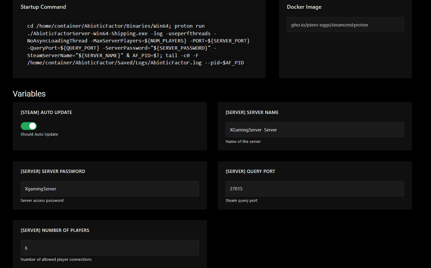 Startup tab with Abiotic Factor variables