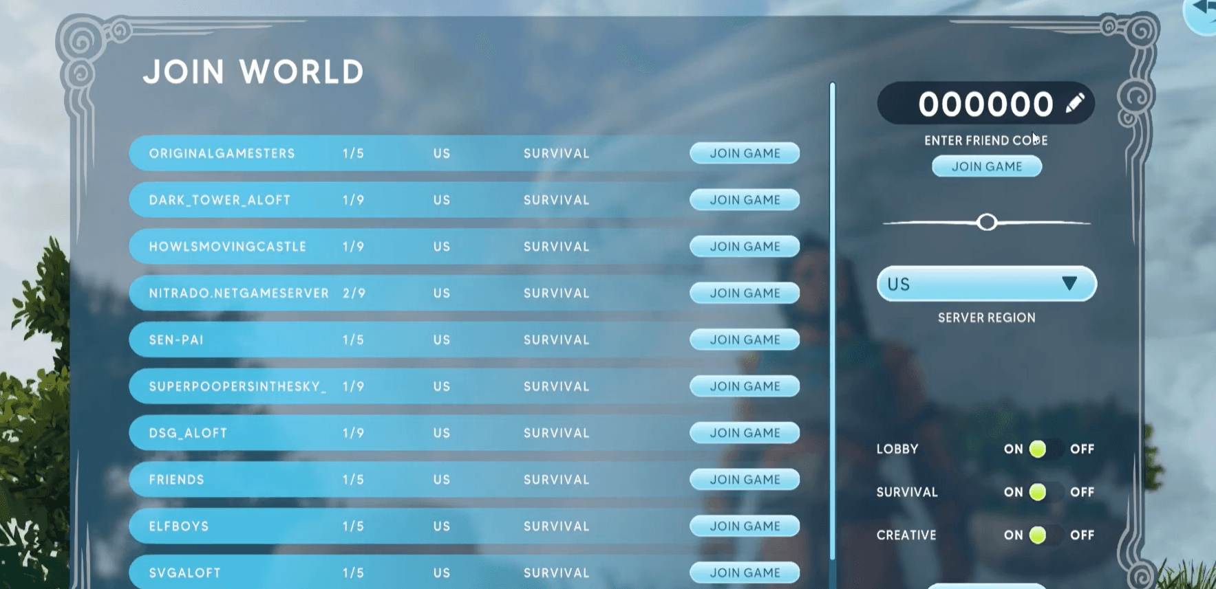 Server browser with server list