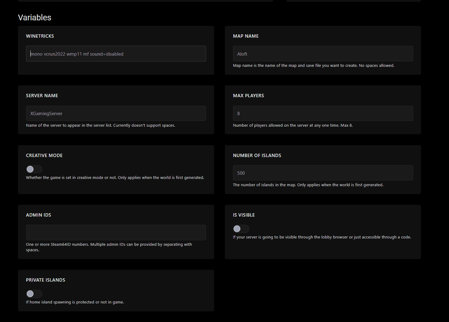 Startup tab showing Aloft variables