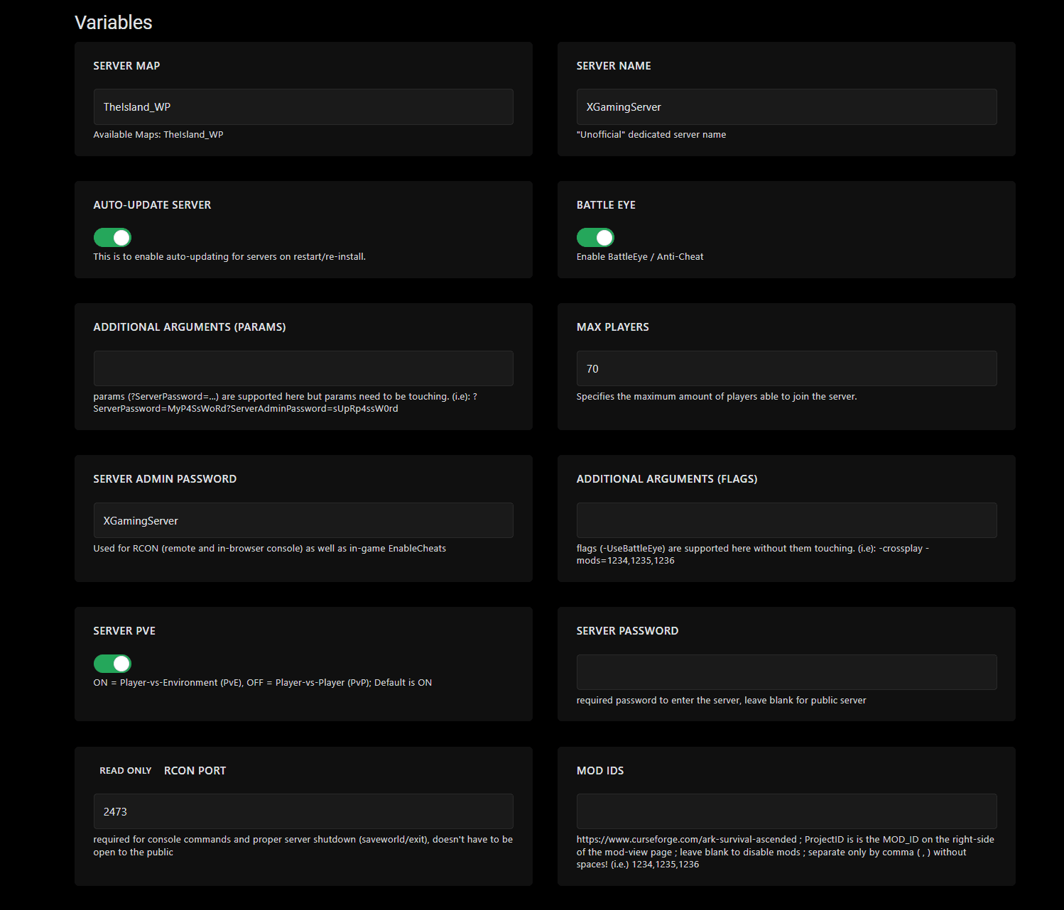 Startup tab with ARK SA variables