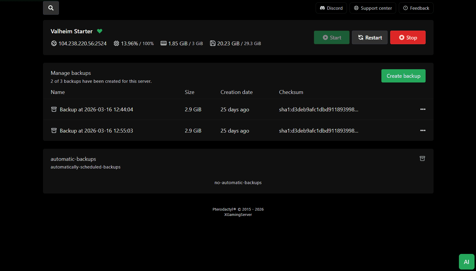 Backups page showing existing backups