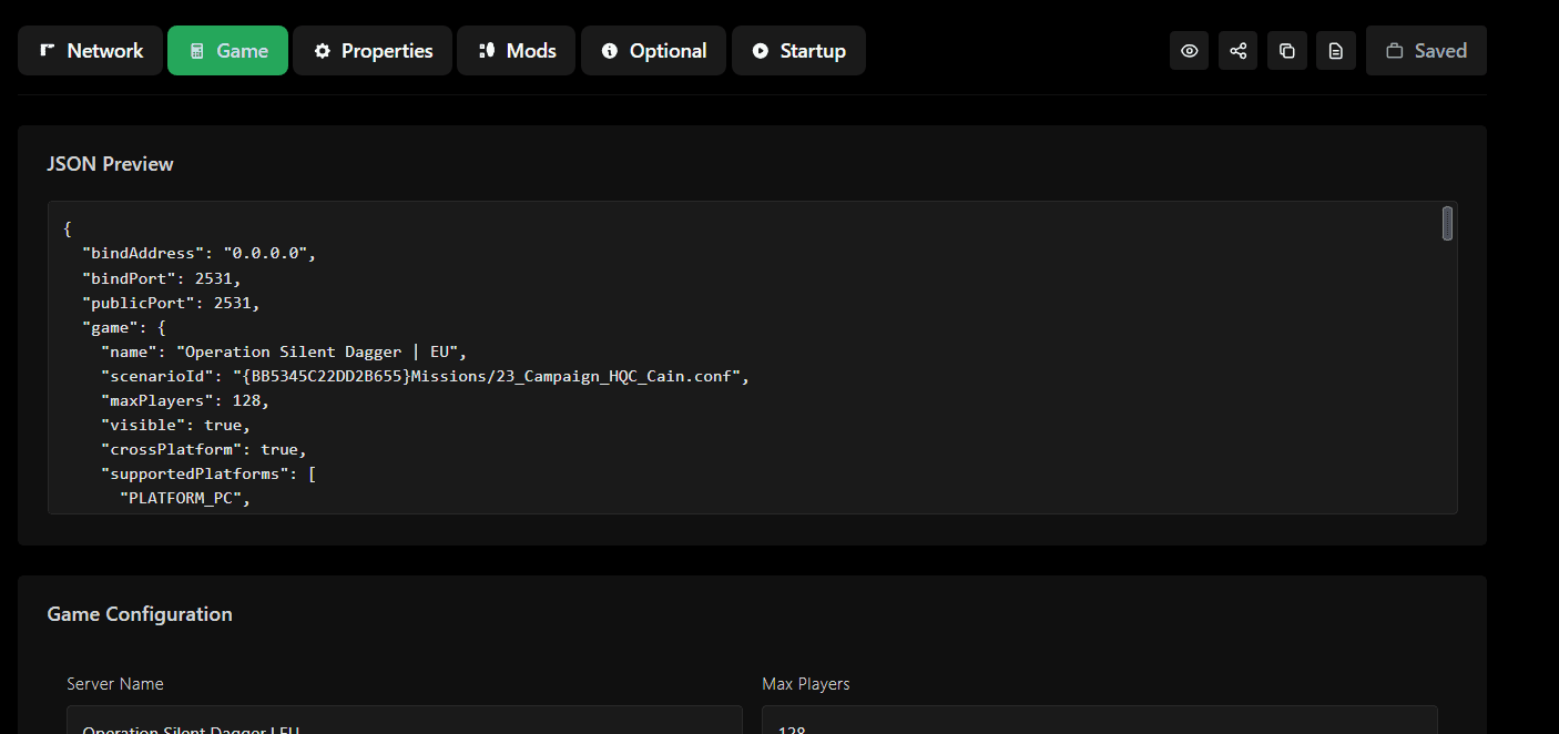 Config Editor toolbar with export