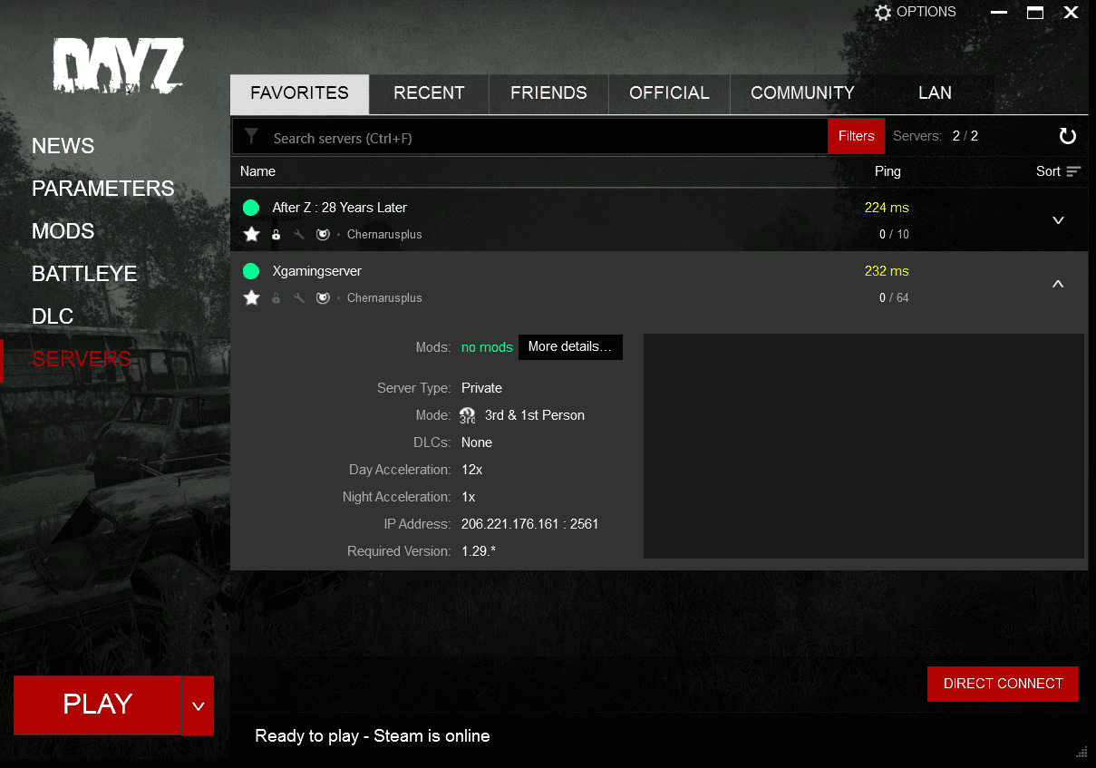 DayZ in-game browser showing the server under Favorites