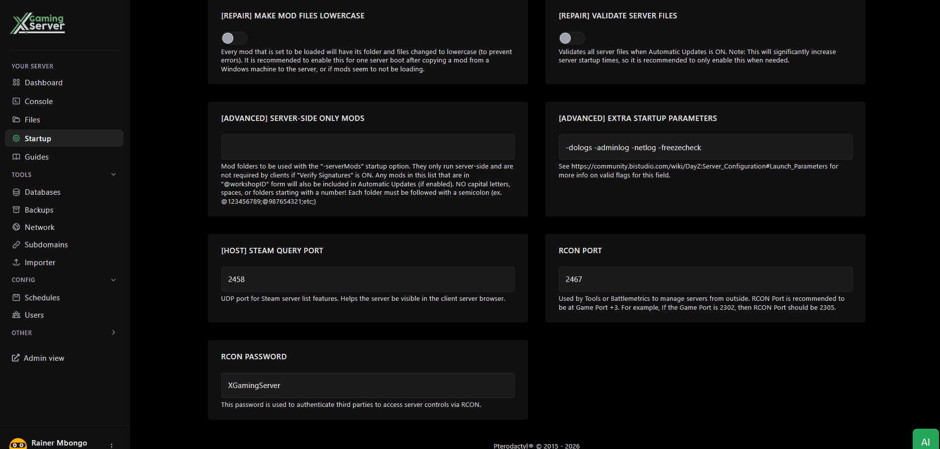 Startup tab showing Steam Query Port