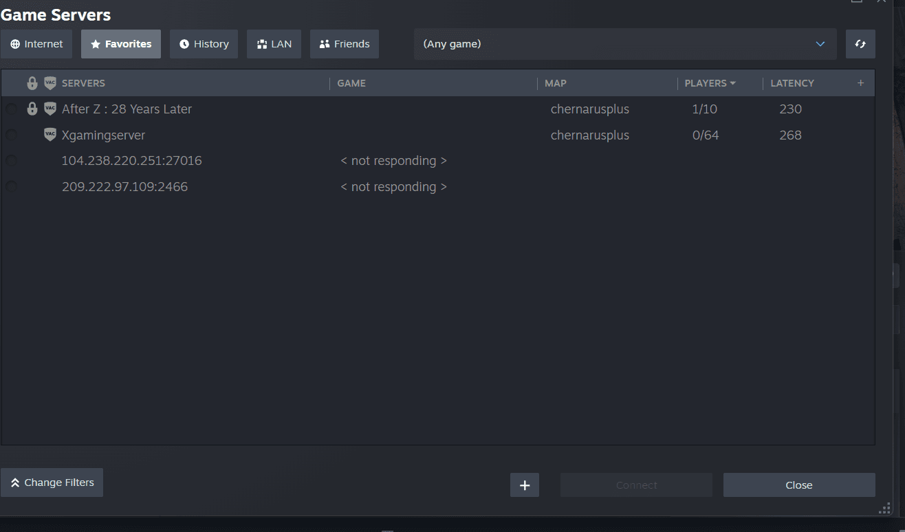 Steam Favorites showing the server