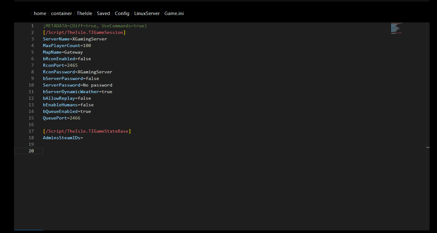 Game.ini open in the panel editor