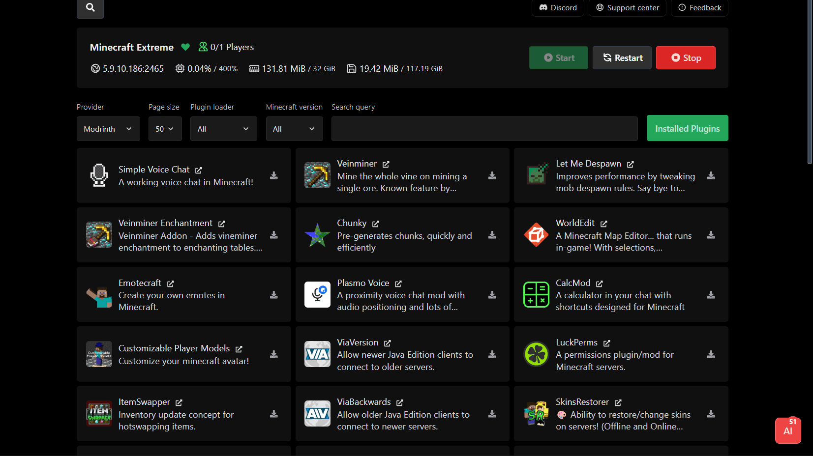 Modpack browser showing available packs