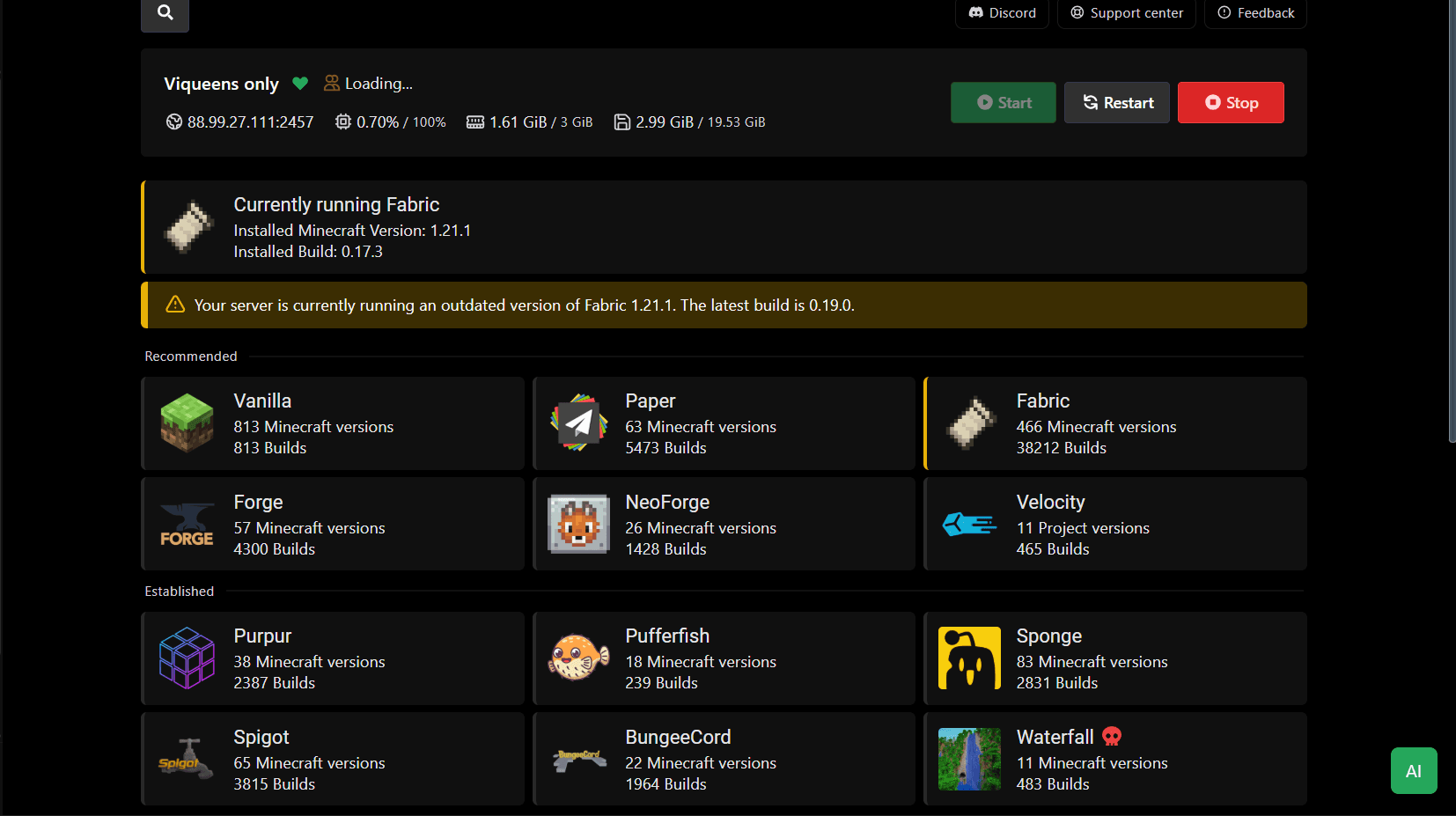 Server type changer showing all available server software
