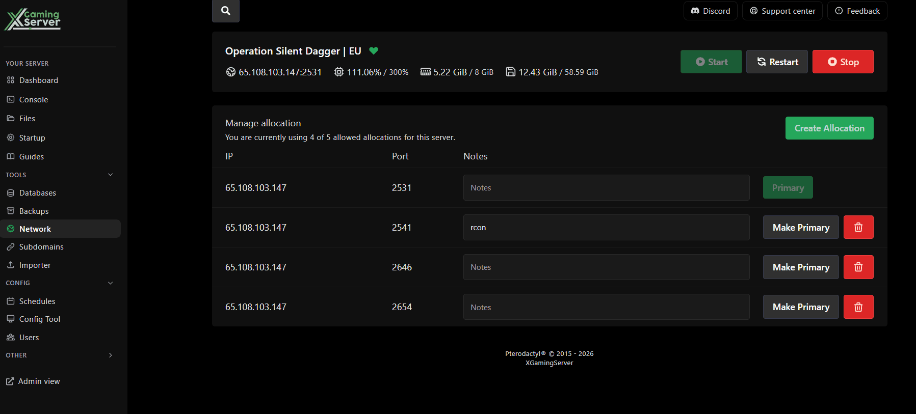 Network tab showing port allocations