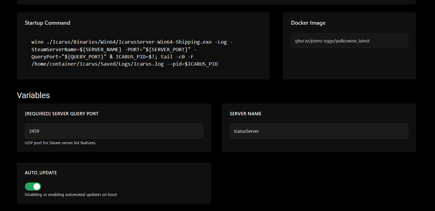 XGS panel Startup tab for Icarus