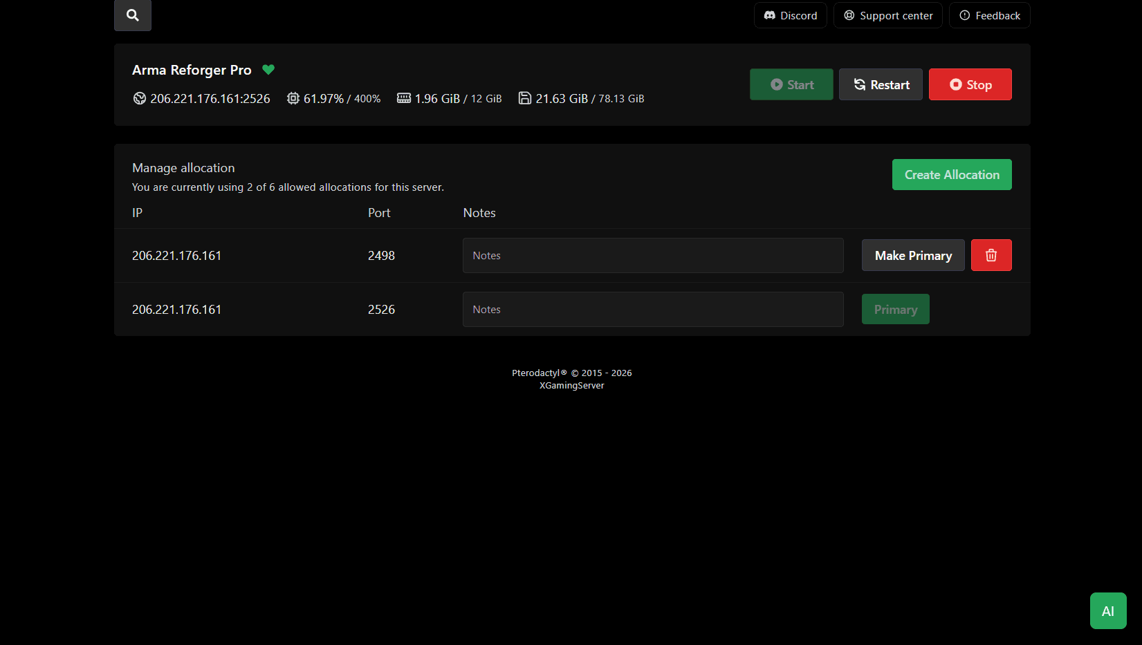 Network tab showing port allocations