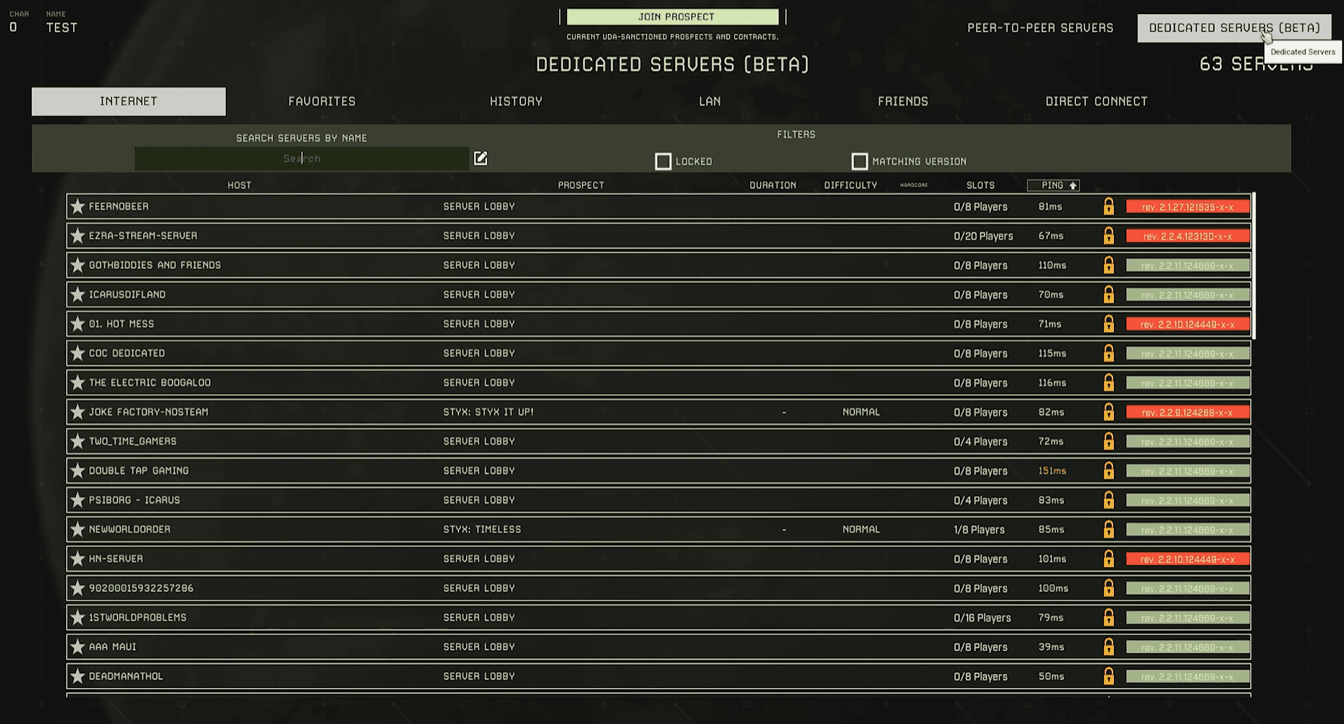 Icarus dedicated servers tab