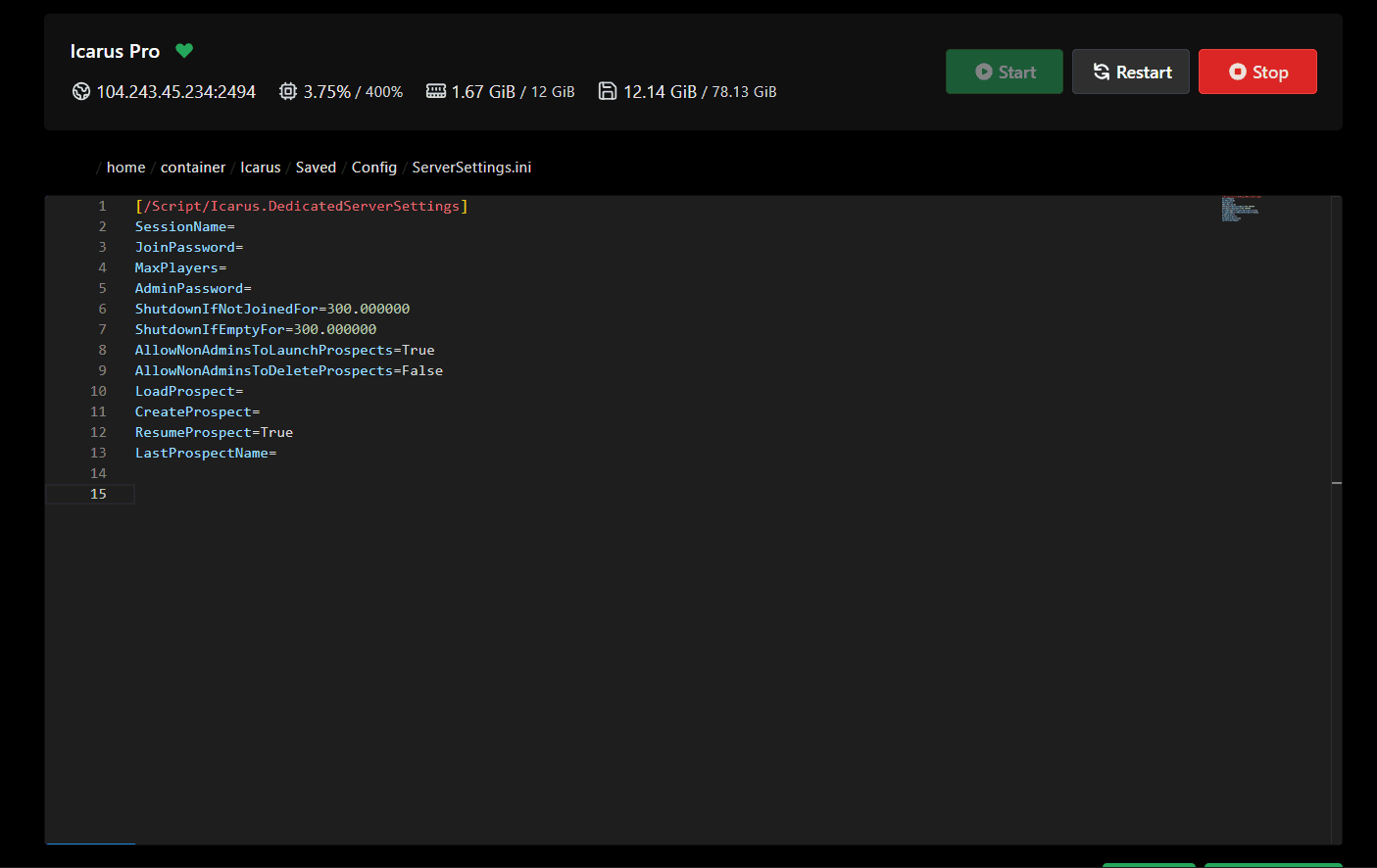 ServerSettings.ini open in the panel editor