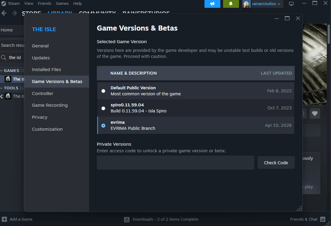 Steam Betas tab with evrima branch selected