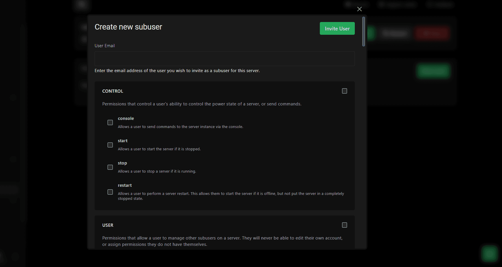 Permission dialog with Control and User categories