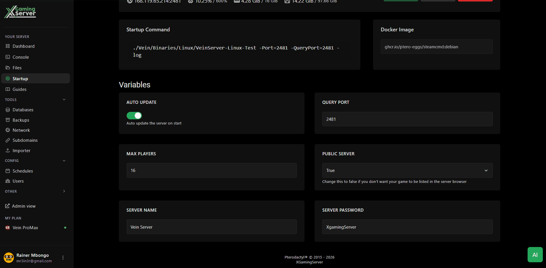 Startup tab showing Vein server variables
