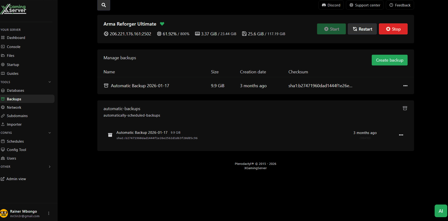 Backups page with backup