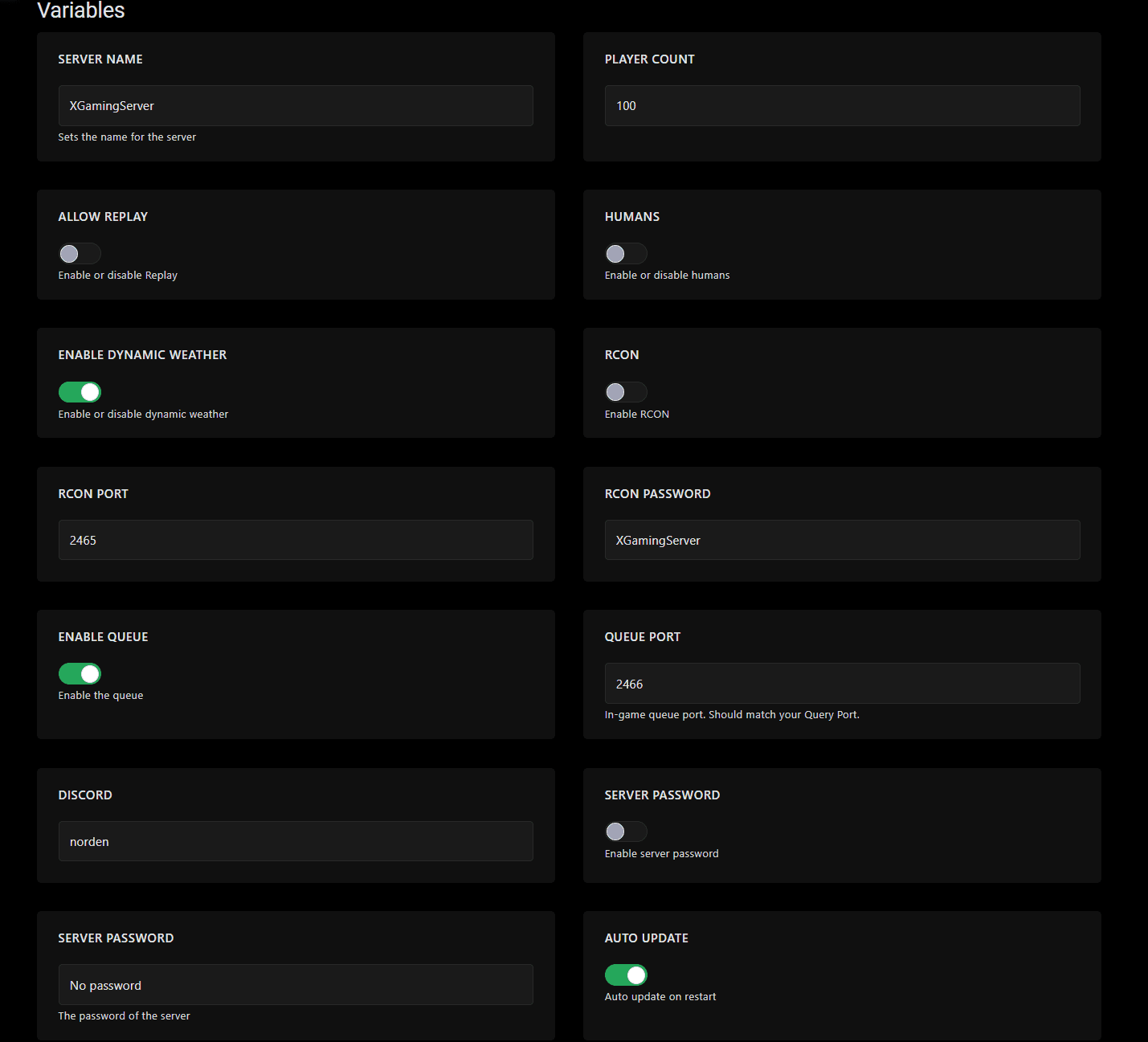 XGS panel ENABLE QUEUE and QUEUE PORT toggles