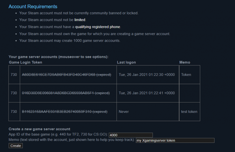 gmod game server login token