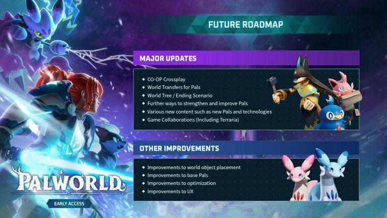 Palworld 1.0 official Pocketpair roadmap showing World Tree, World Transfers and crossplay