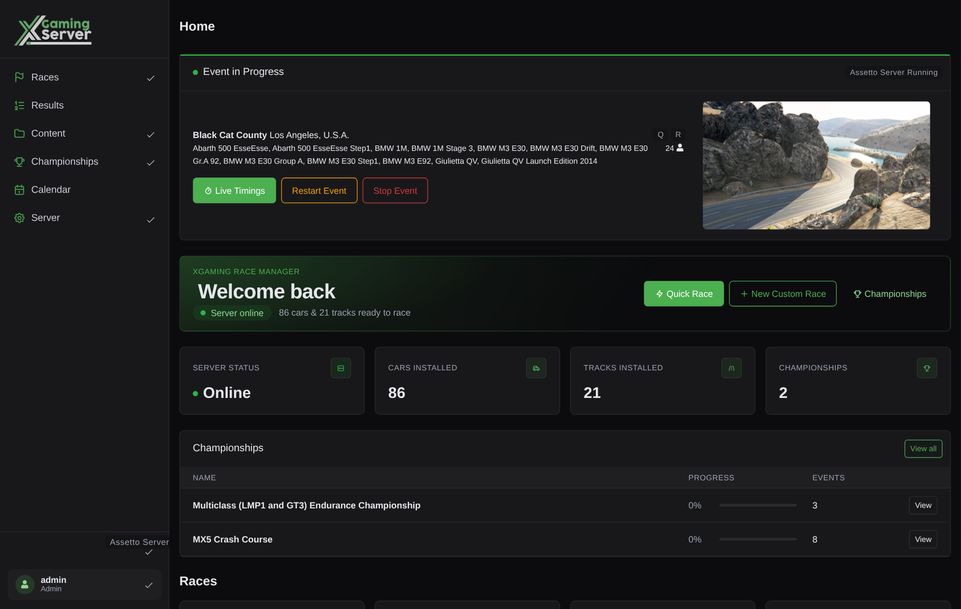 Free web-based Assetto Corsa Server Manager dashboard showing server status, cars and tracks installed, and championships